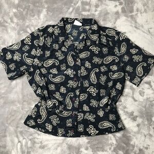 Russ Petites Vintage Navy Blue Paisley Button Up Short Sleeve Peplum Blouse